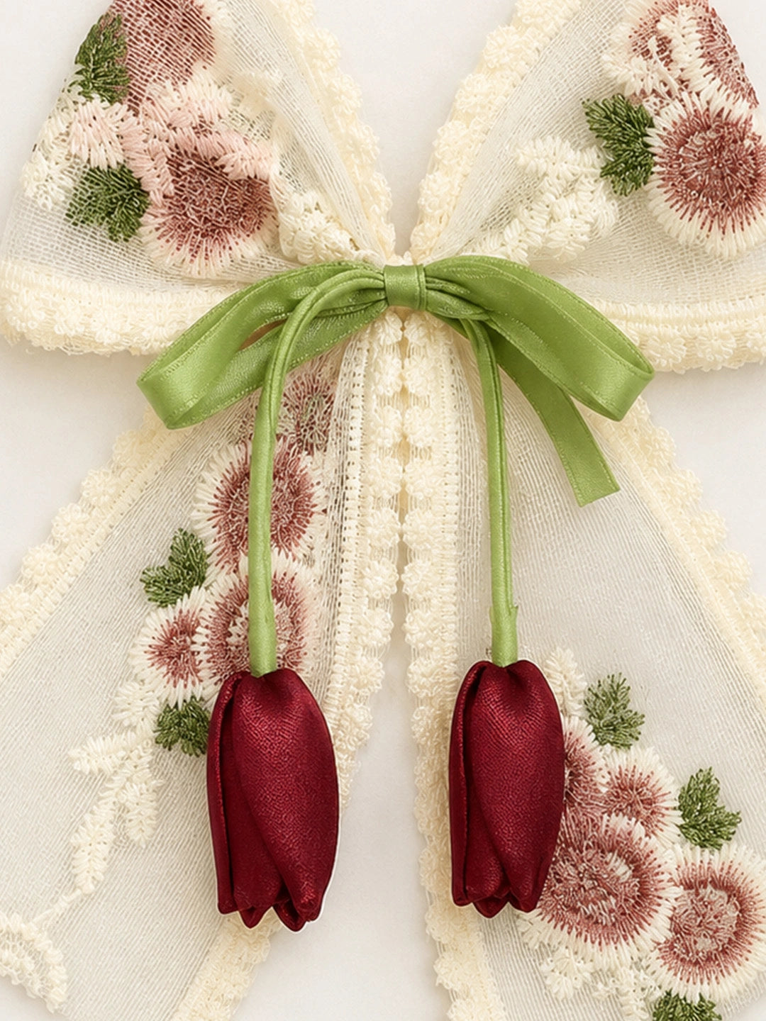 BownBee Floral Embroidered Lace Bow Hairclip For Girls
