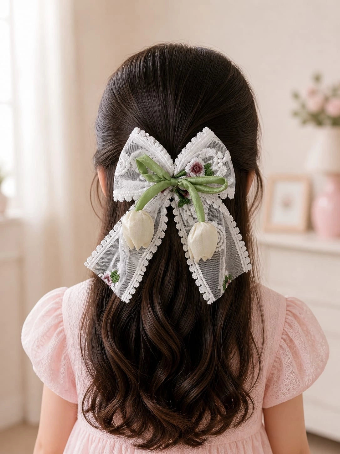 BownBee Floral Embroidered Lace Bow Hairclip For Girls