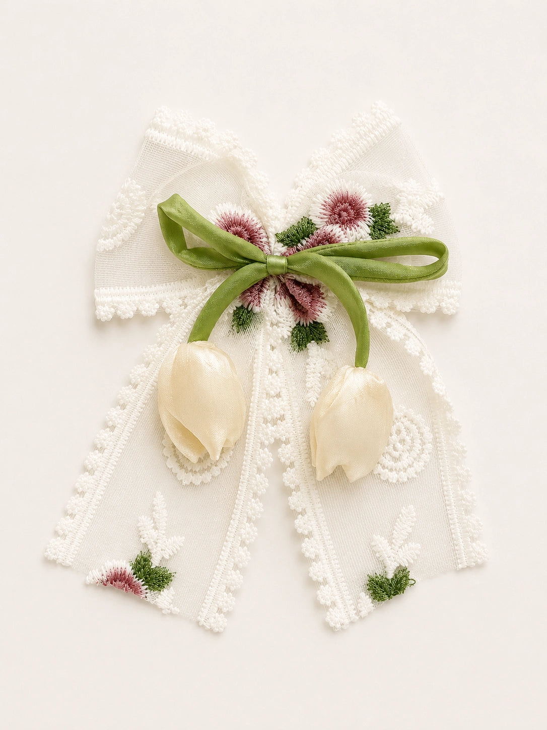 BownBee Floral Embroidered Lace Bow Hairclip For Girls