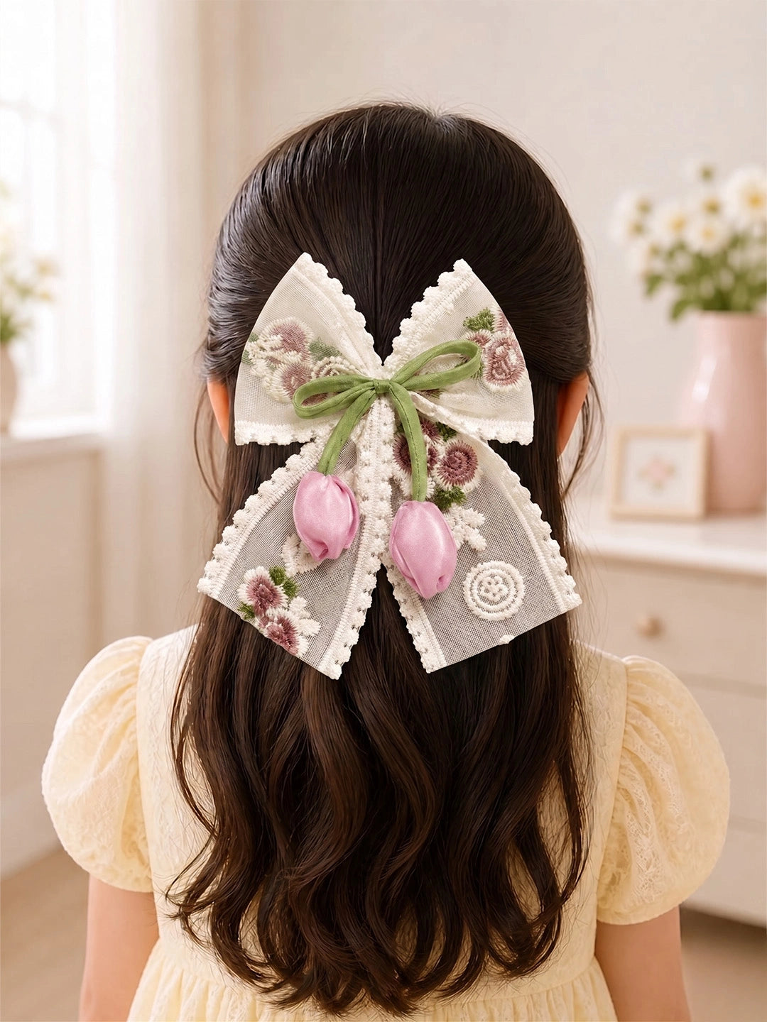 BownBee Floral Embroidered Lace Bow Hairclip For Girls