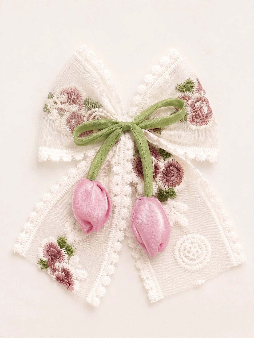 BownBee Floral Embroidered Lace Bow Hairclip For Girls