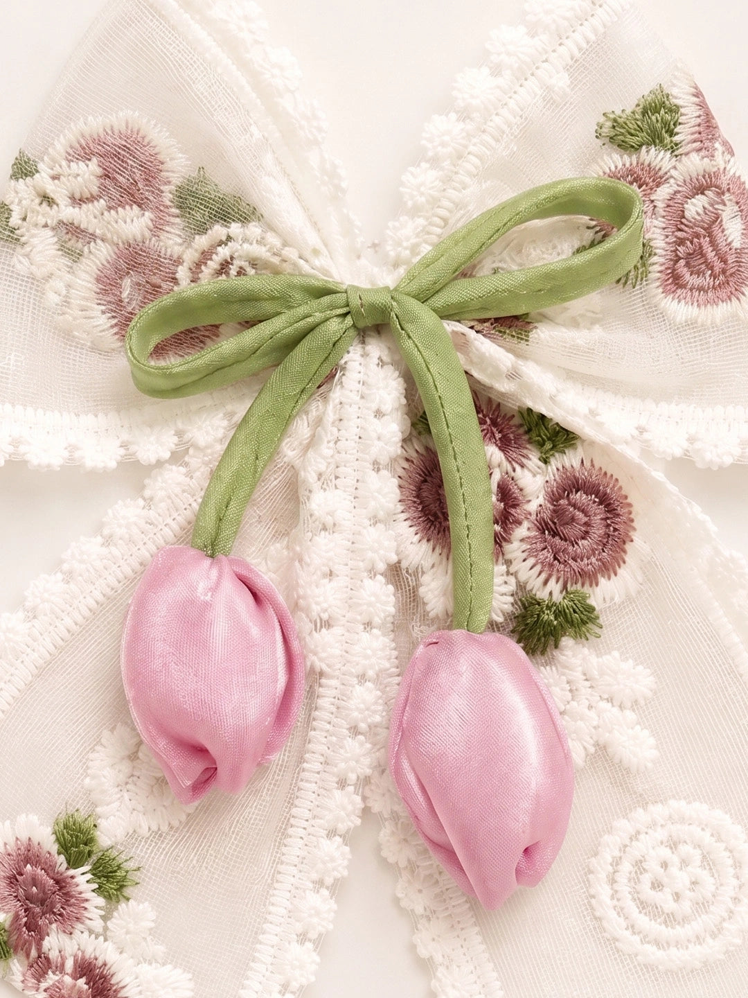 BownBee Floral Embroidered Lace Bow Hairclip For Girls