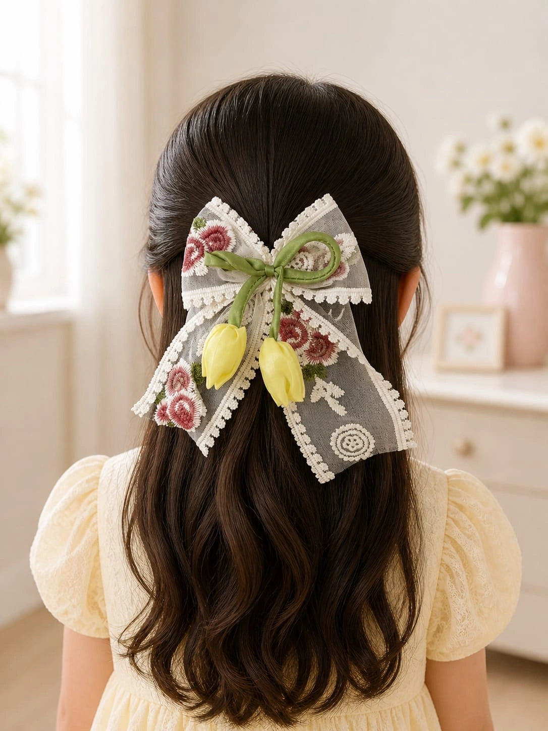 BownBee Floral Embroidered Lace Bow Hairclip For Girls
