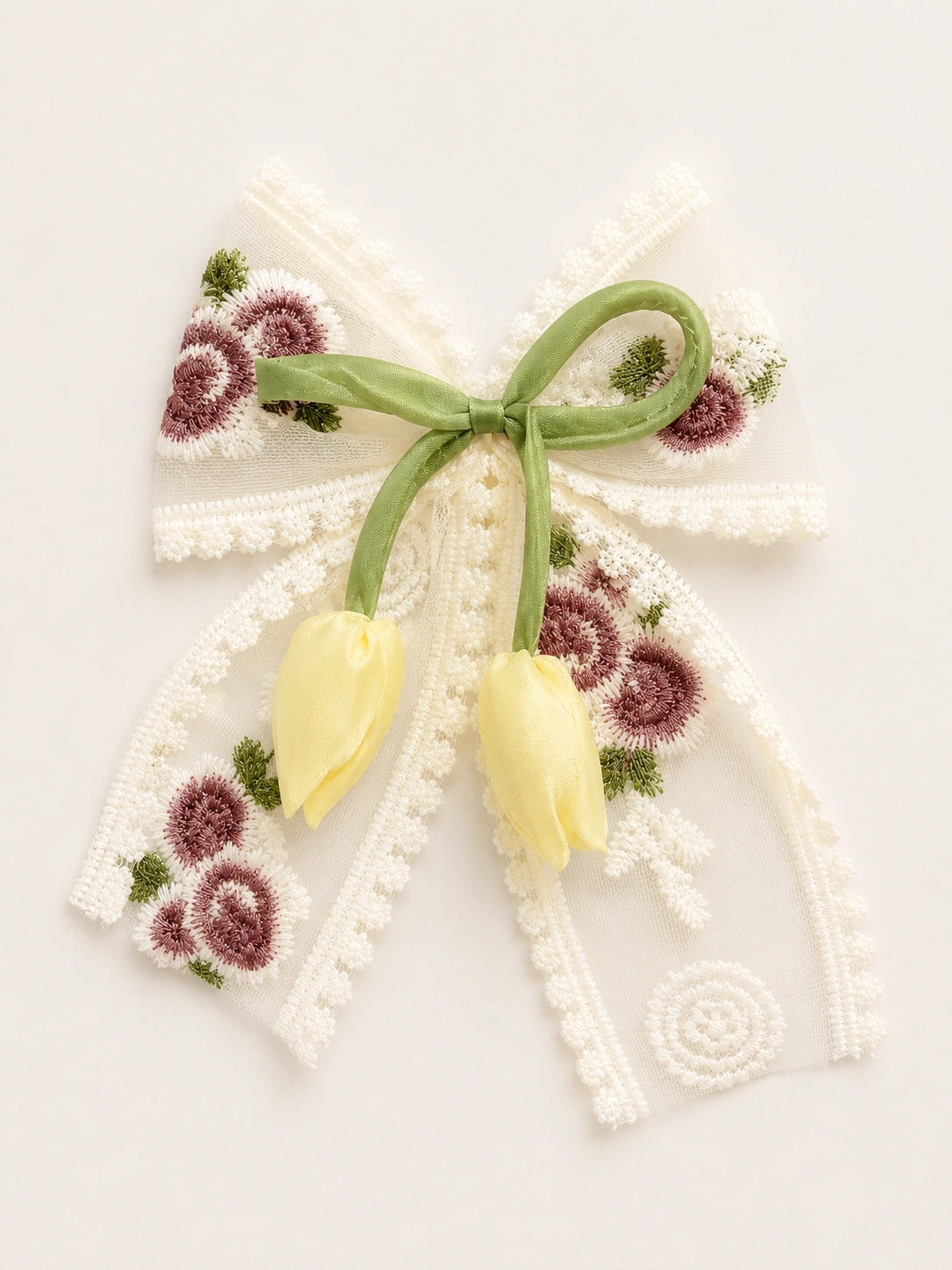 BownBee Floral Embroidered Lace Bow Hairclip For Girls