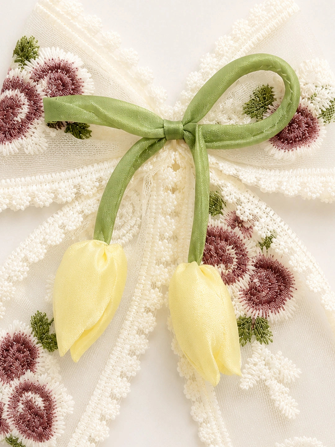 BownBee Floral Embroidered Lace Bow Hairclip For Girls