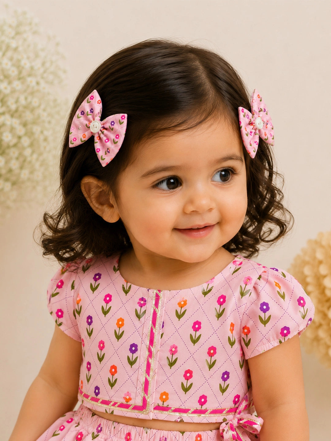 BownBee Floral Printed Bow Tic-Tac pins For Girls
