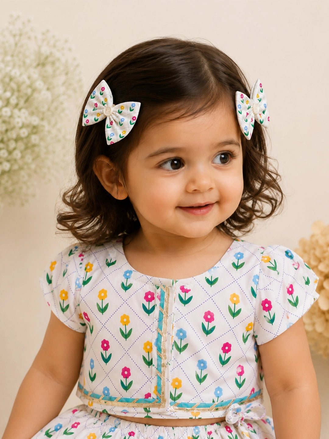 BownBee Floral Printed Bow Tic-Tac pins For Girls