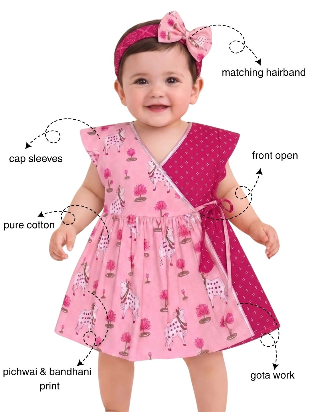 BownBee Pure Cotton Ruffle Sleeves Dress With Hairband For Infants