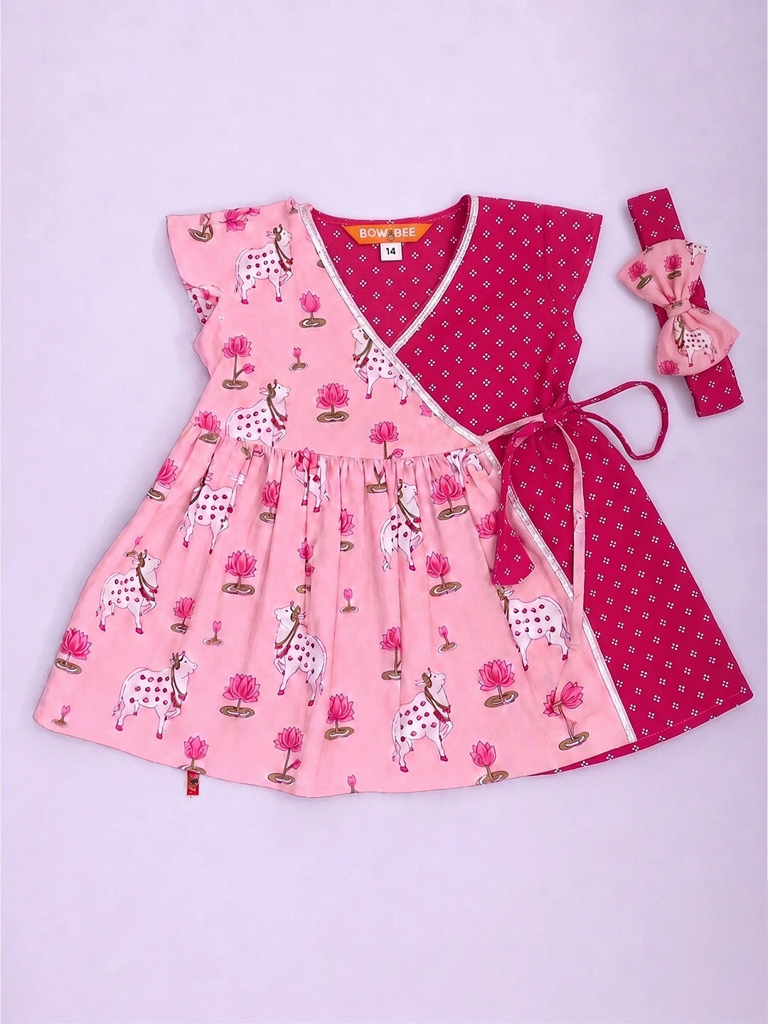 BownBee Pure Cotton Ruffle Sleeves Dress With Hairband For Infants