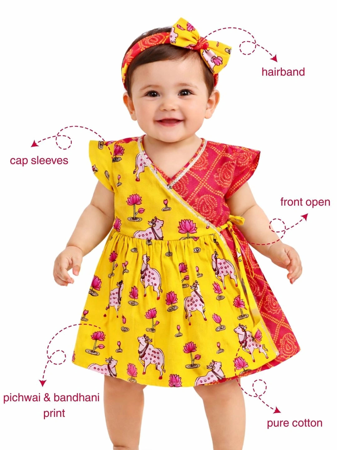 BownBee Pure Cotton Ruffle Sleeves Dress With Hairband For Infants- Red