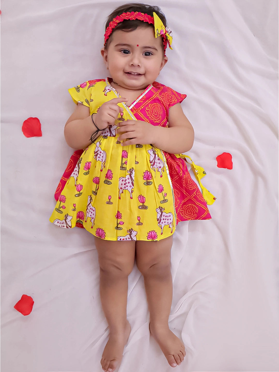 BownBee Pure Cotton Ruffle Sleeves Dress With Hairband For Infants- Red