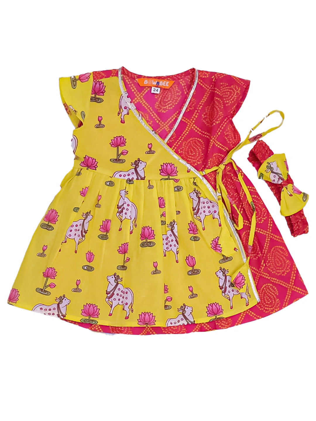 BownBee Pure Cotton Ruffle Sleeves Dress With Hairband For Infants- Red