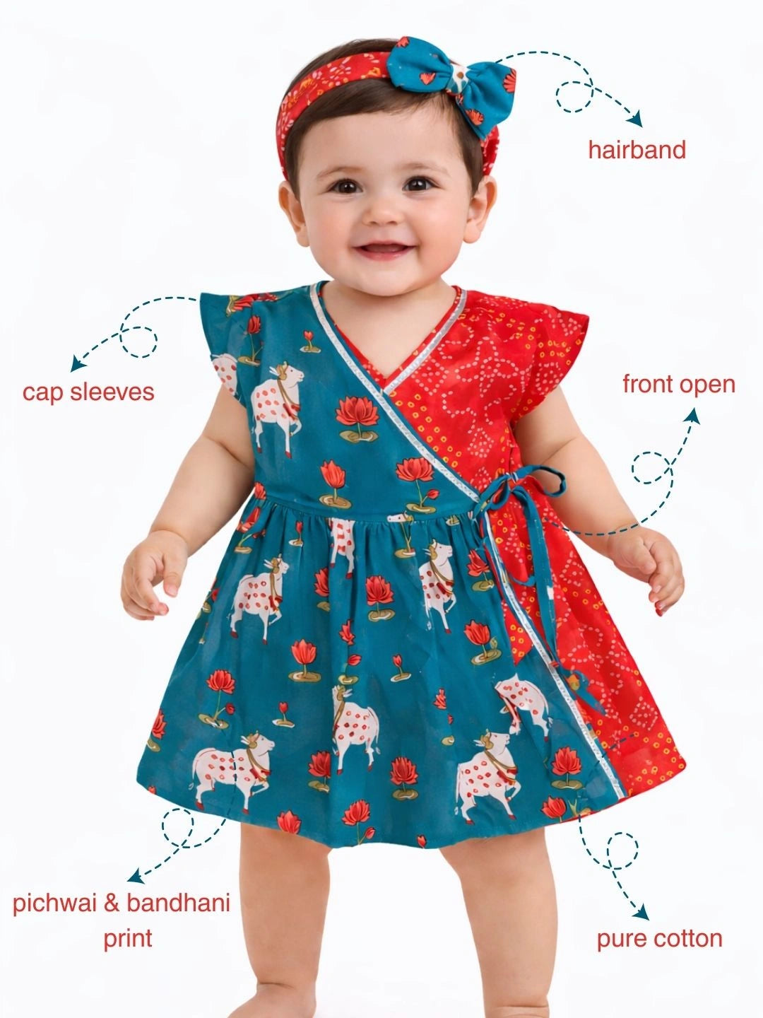 BownBee Pure Cotton Ruffle Sleeves Dress With Hairband For Infants- Red