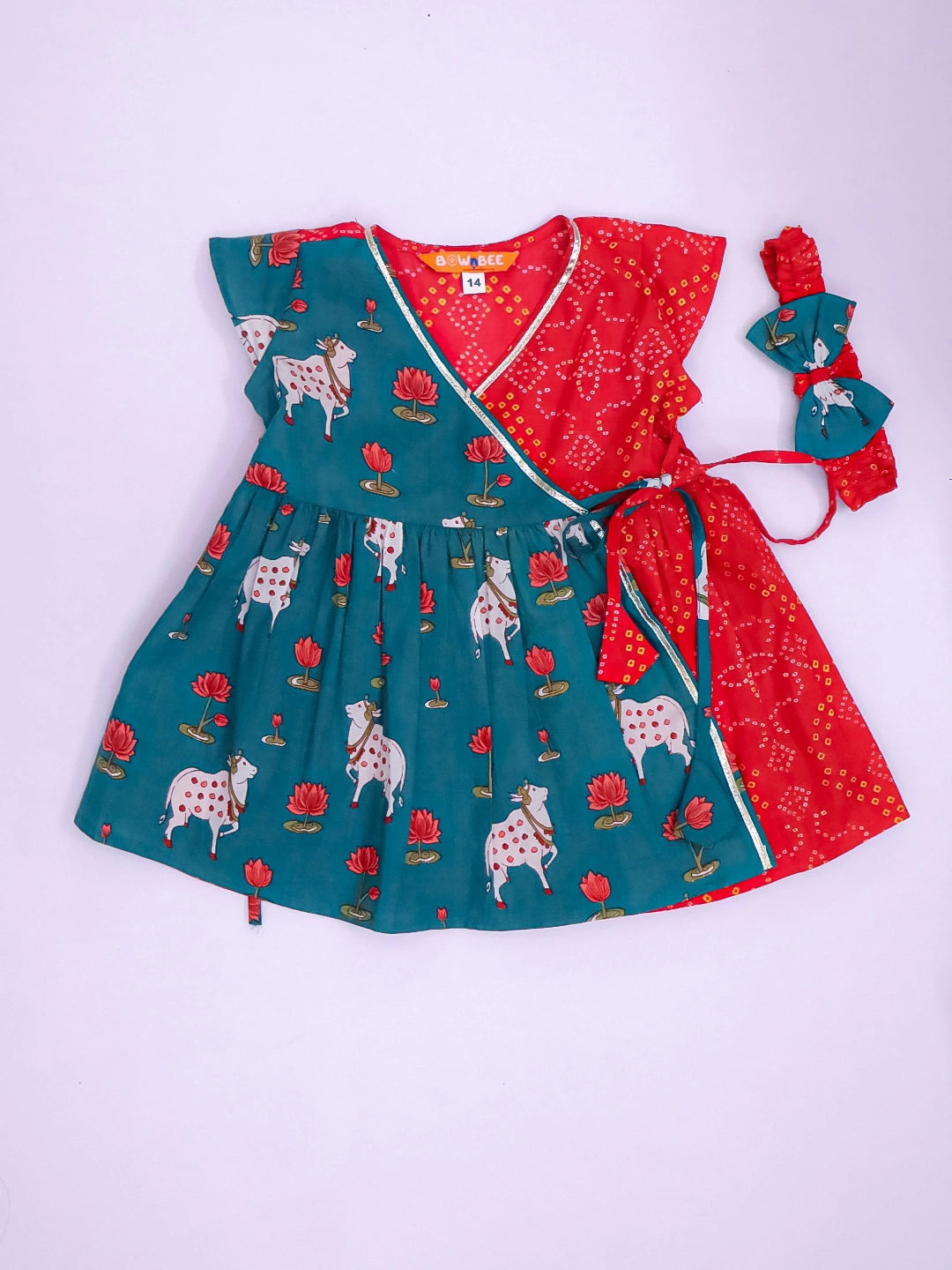 BownBee Pure Cotton Ruffle Sleeves Dress With Hairband For Infants- Red