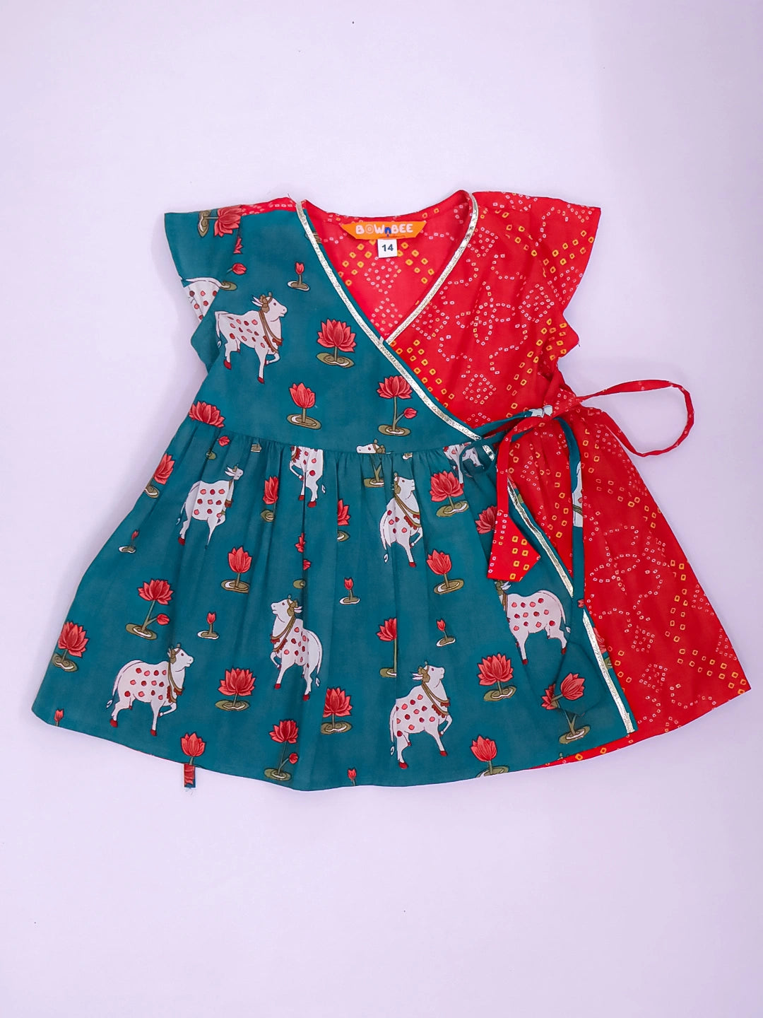 BownBee Pure Cotton Ruffle Sleeves Dress With Hairband For Infants- Red