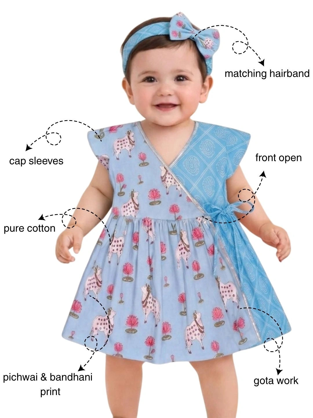 BownBee Pure Cotton Ruffle Sleeves Dress With Hairband For Infants