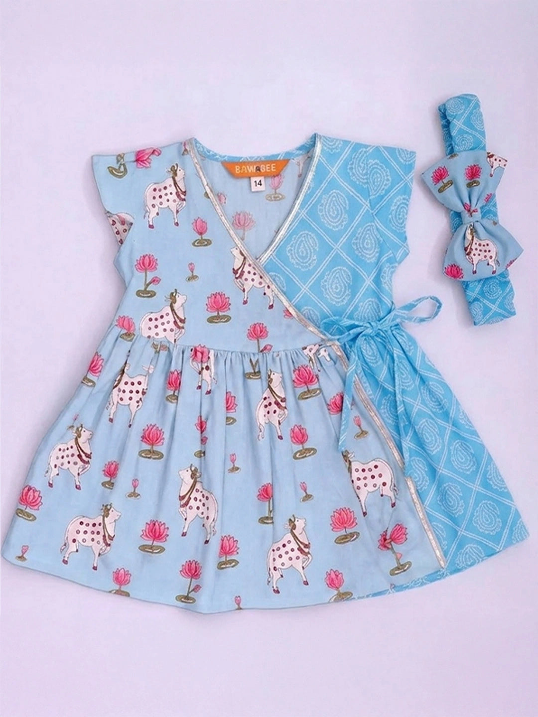 BownBee Pure Cotton Ruffle Sleeves Dress With Hairband For Infants