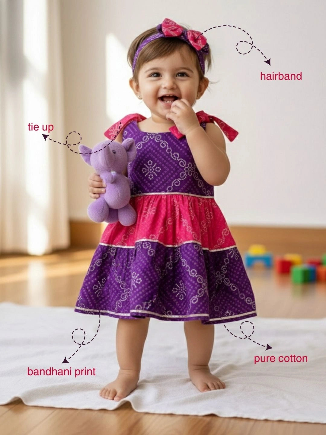 BownBee Pure Cotton Tie-Up Dress With Hairband For Infants - Red