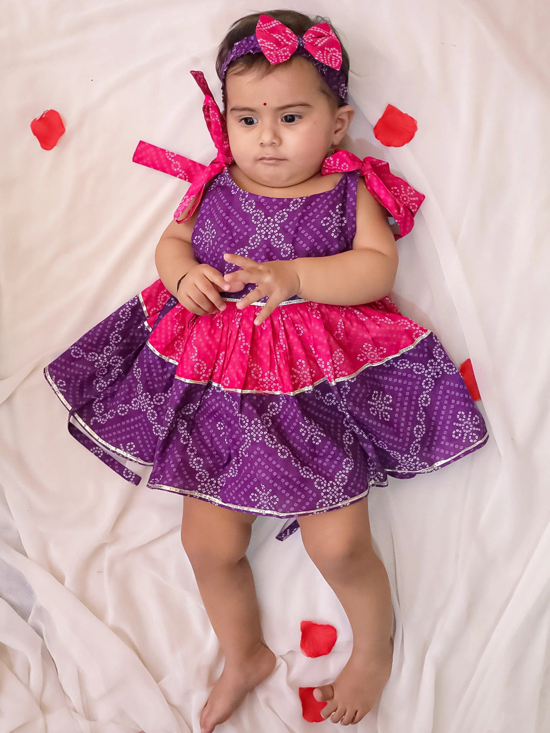 BownBee Pure Cotton Tie-Up Dress With Hairband For Infants - Red