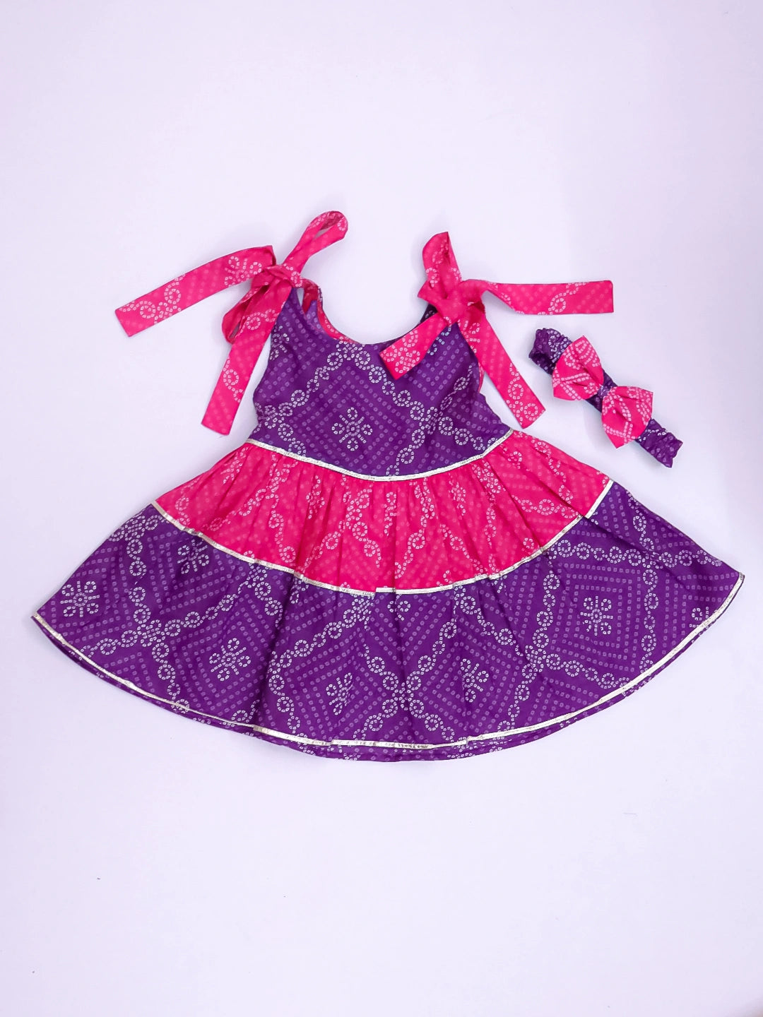 BownBee Pure Cotton Tie-Up Dress With Hairband For Infants - Red