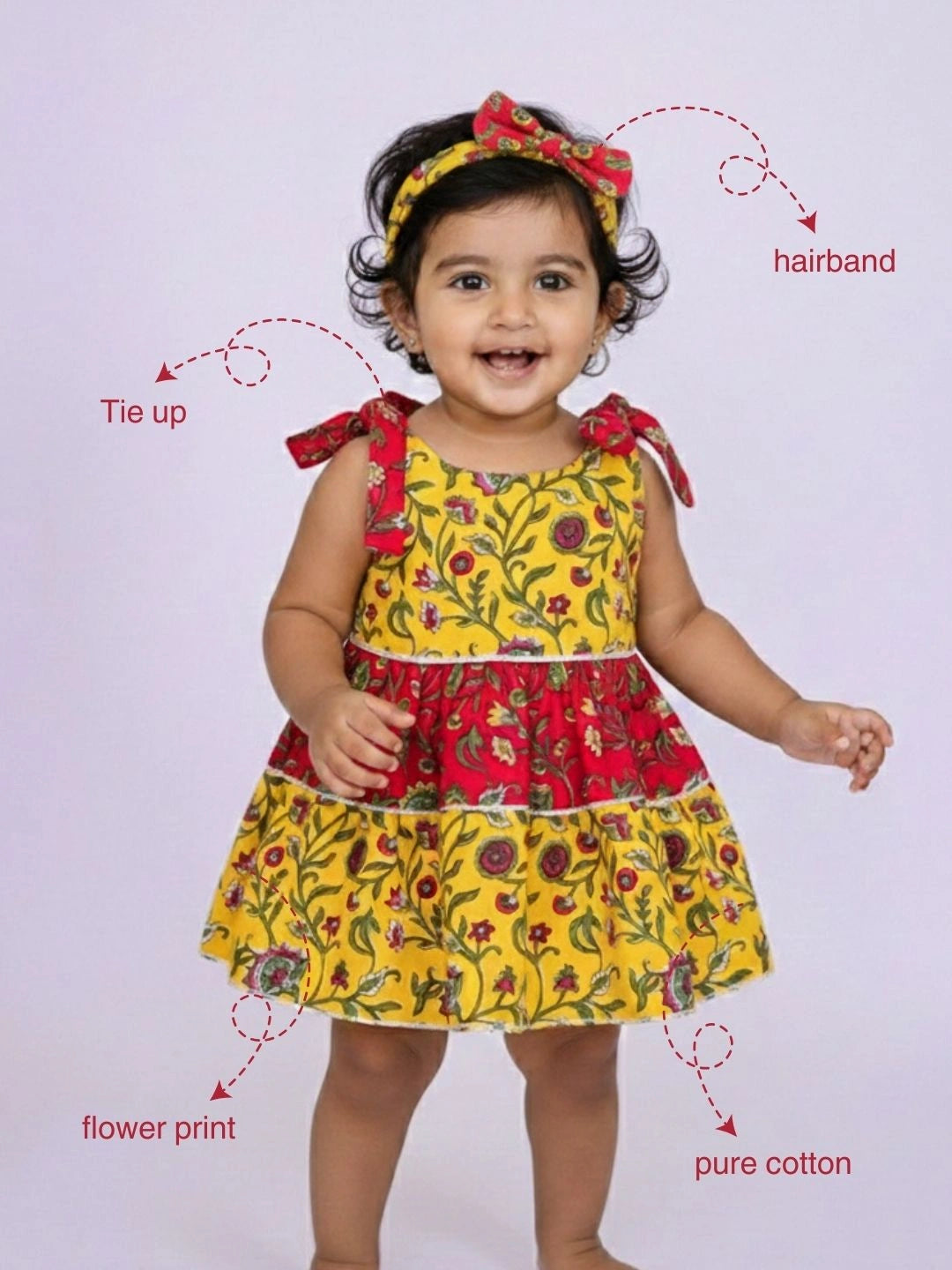 BownBee Pure Cotton Tie-Up Dress With Hairband For Infants - Red
