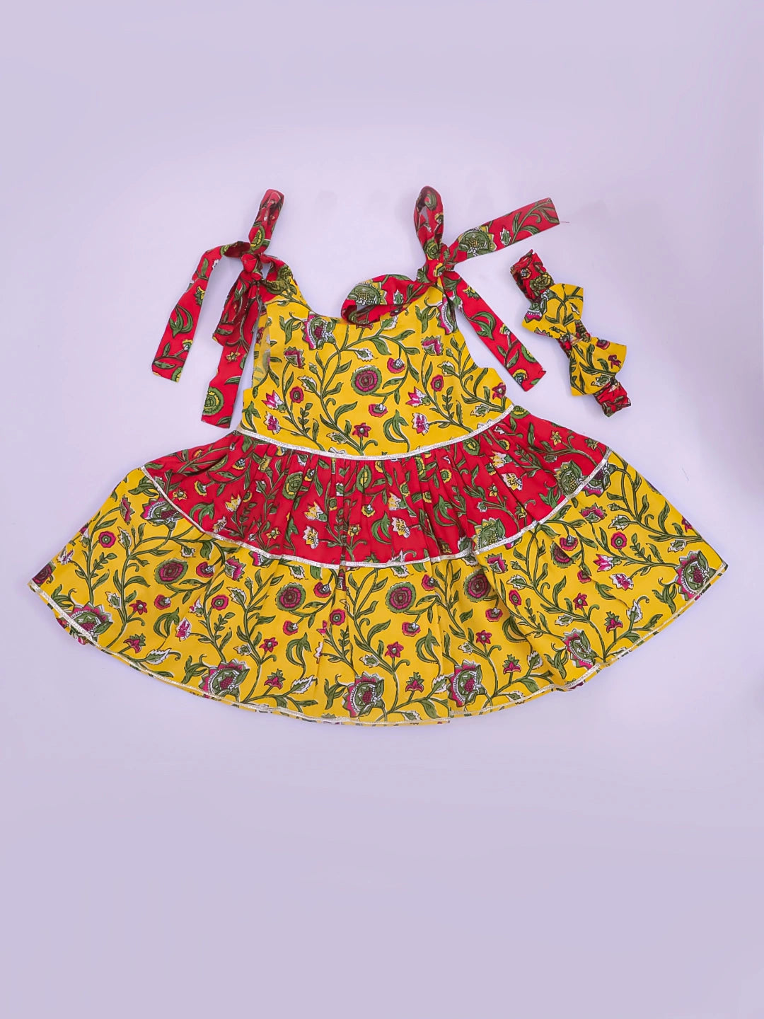 BownBee Pure Cotton Tie-Up Dress With Hairband For Infants - Red