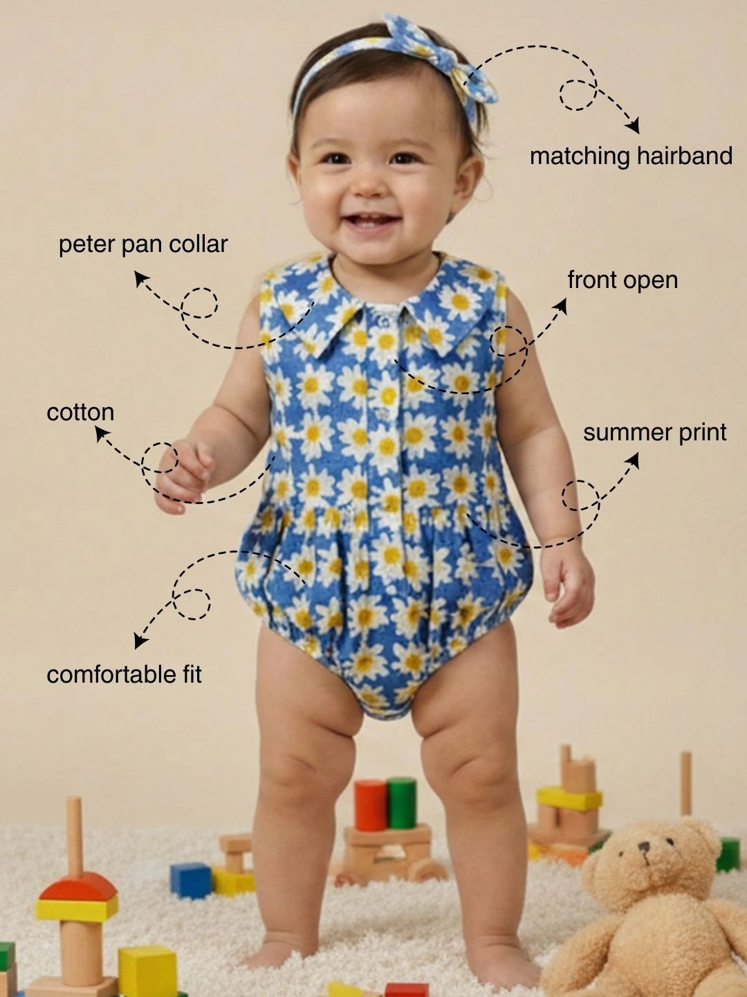 BownBee Pure Cotton Rompers With Hairband For Infants- Pink