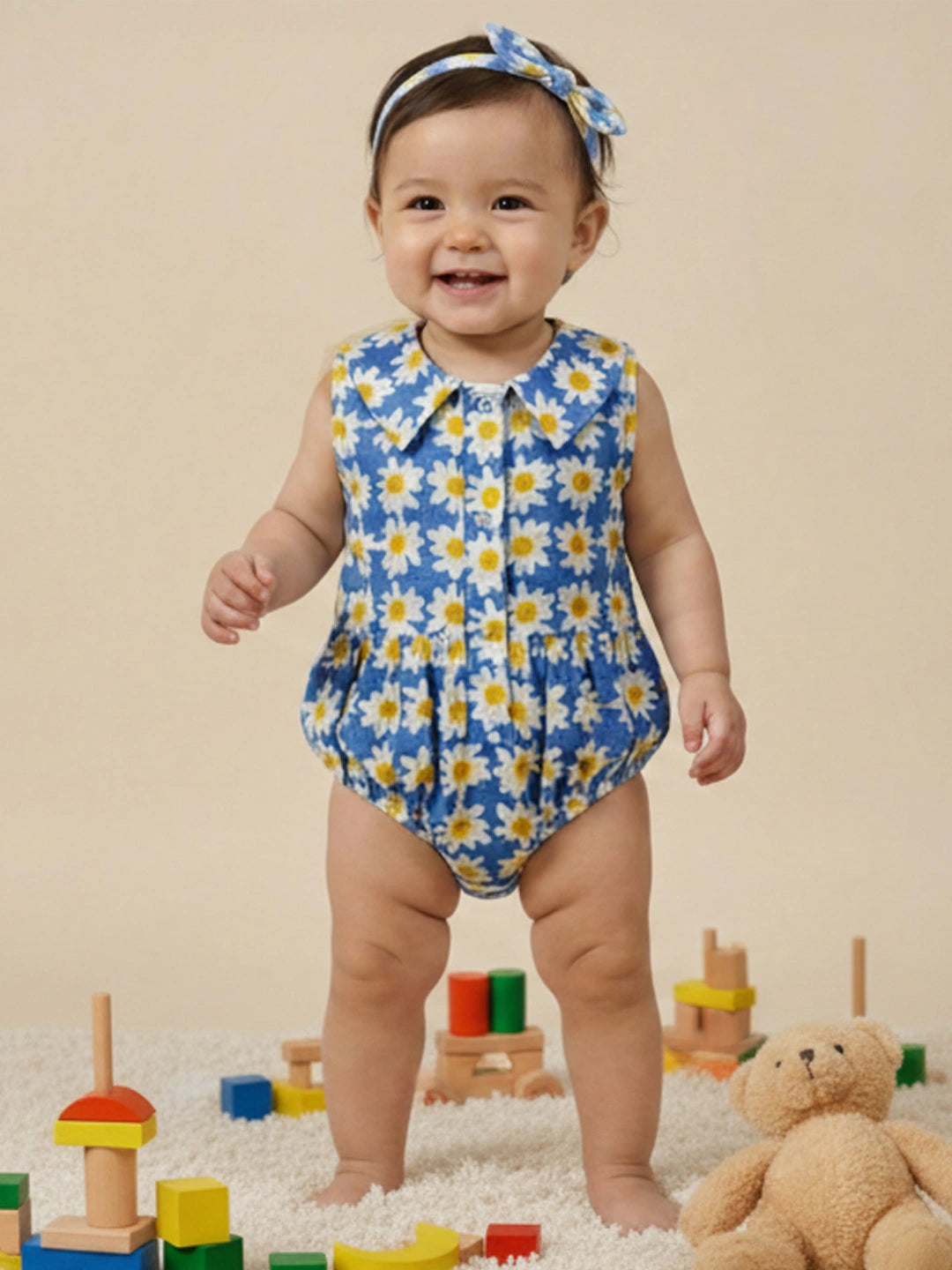 BownBee Pure Cotton Rompers With Hairband For Infants- Pink