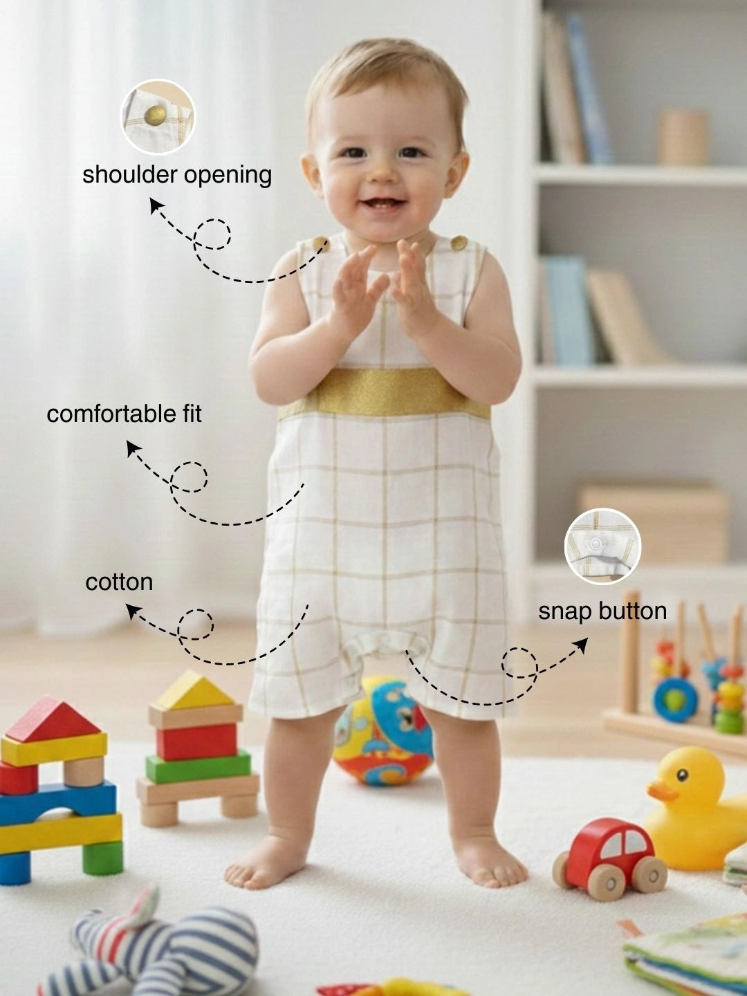 BownBee Pure Cotton Rompers For Infants- Off White