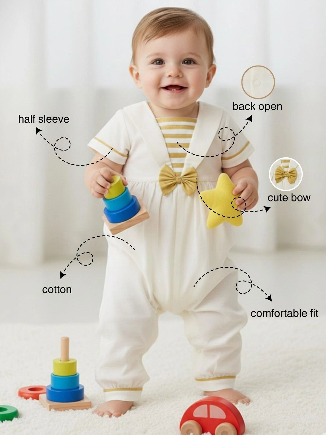 BownBee Pure Cotton Rompers For Infants-  Off White