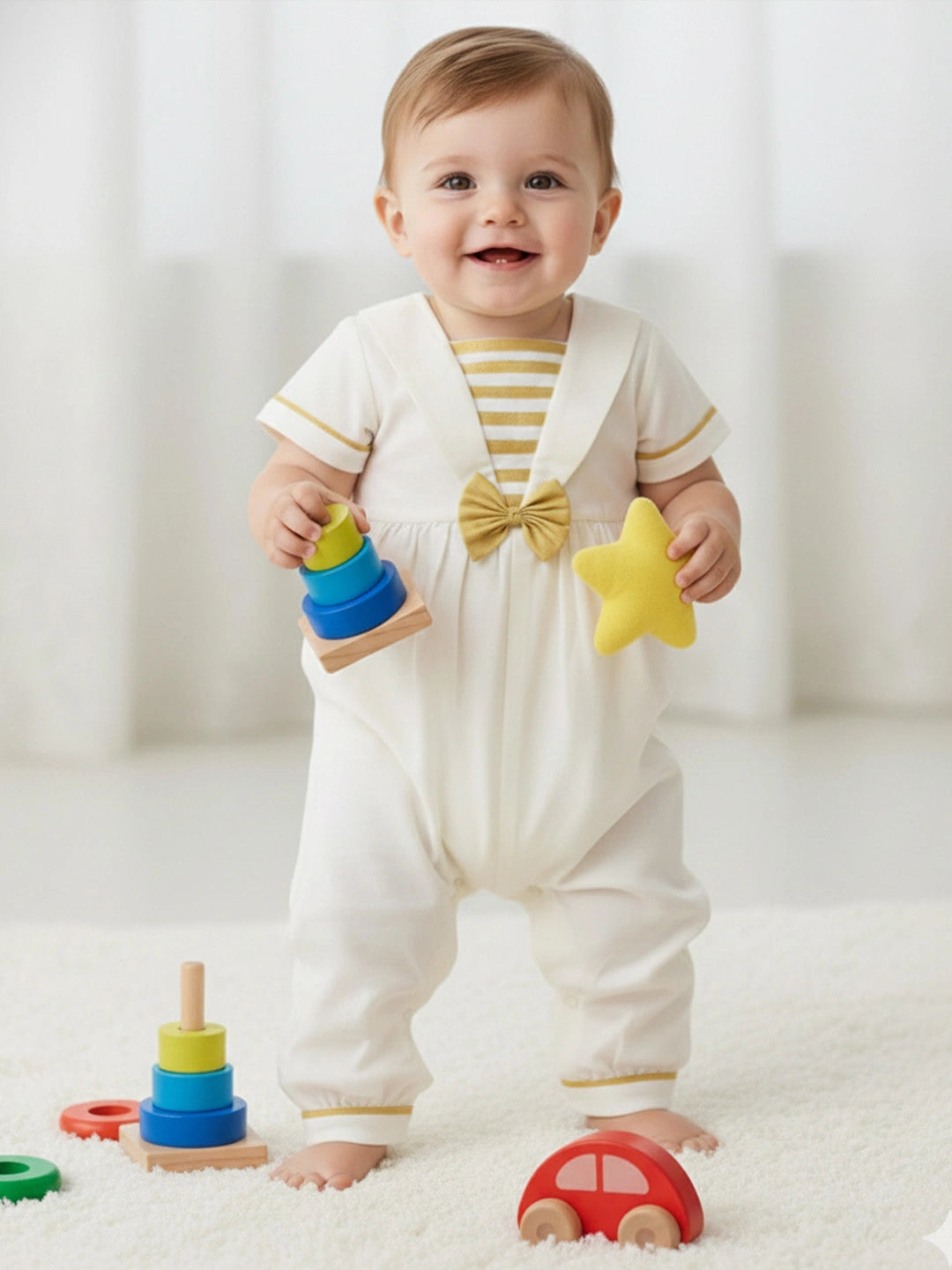 BownBee Pure Cotton Rompers For Infants-  Off White