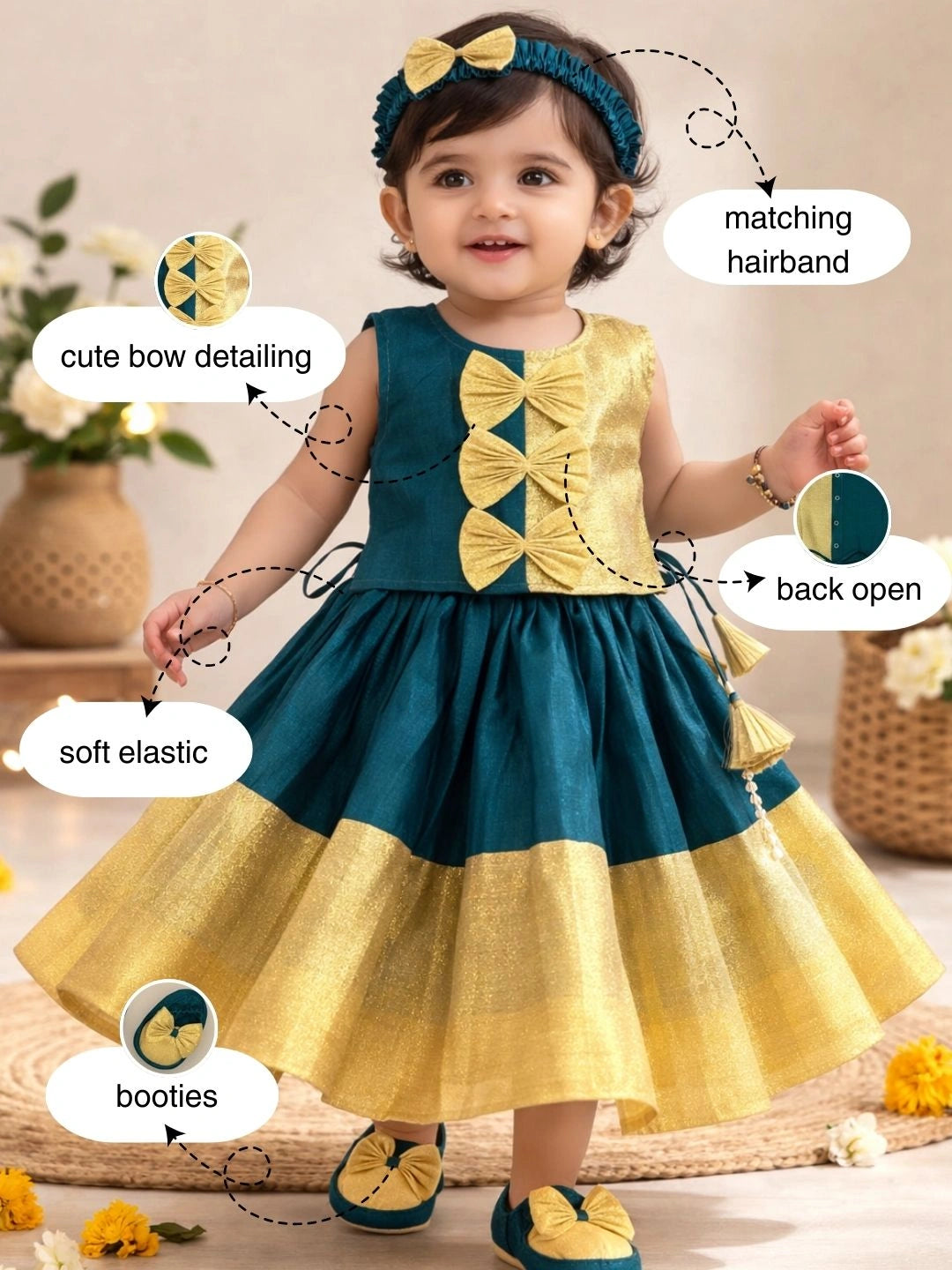 BownBee Sleeveless Chanderi Lehenga Choli With Hairband & Botties Set For Infant Girls- Green