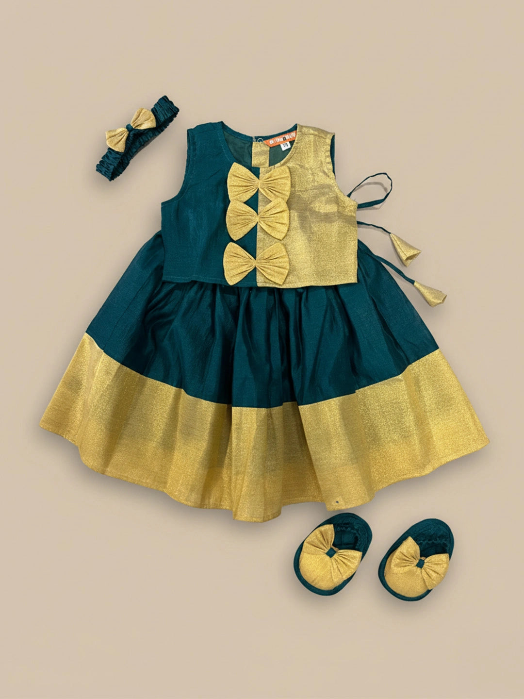 BownBee Sleeveless Chanderi Lehenga Choli With Hairband & Botties Set For Infant Girls- Green