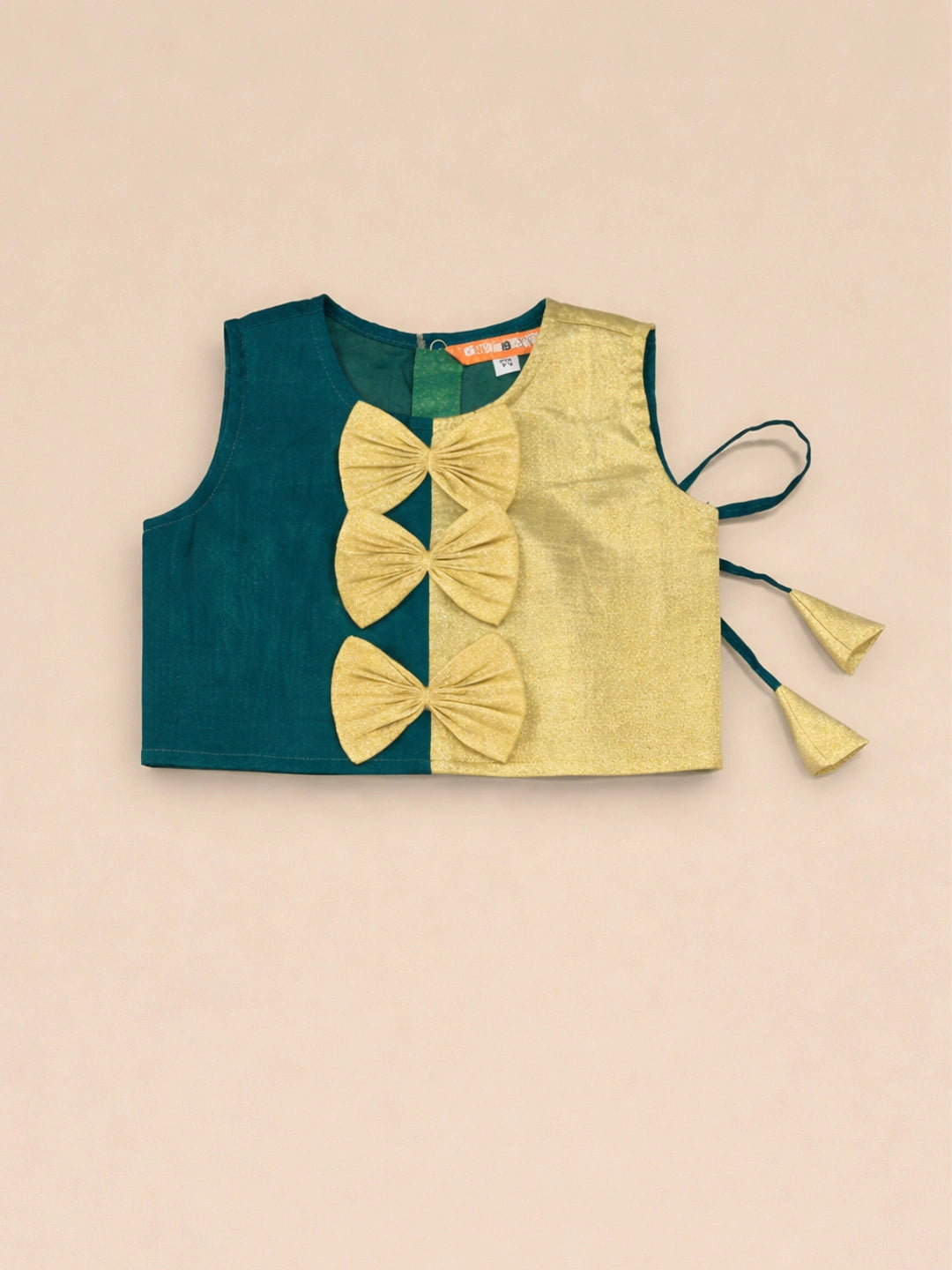 BownBee Sleeveless Chanderi Lehenga Choli With Hairband & Botties Set For Infant Girls- Green