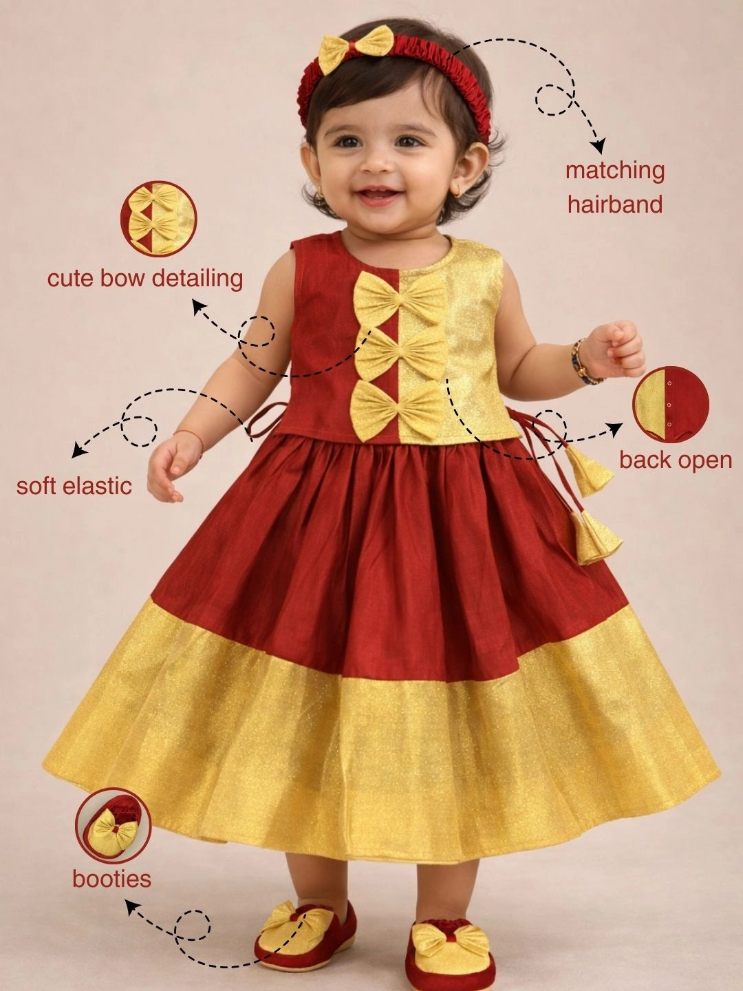 BownBee Sleeveless Chanderi Lehenga Choli With Hairband & Botties Set For Infant Girls- Green