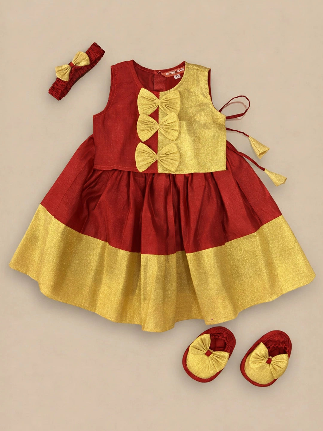 BownBee Sleeveless Chanderi Lehenga Choli With Hairband & Botties Set For Infant Girls- Green