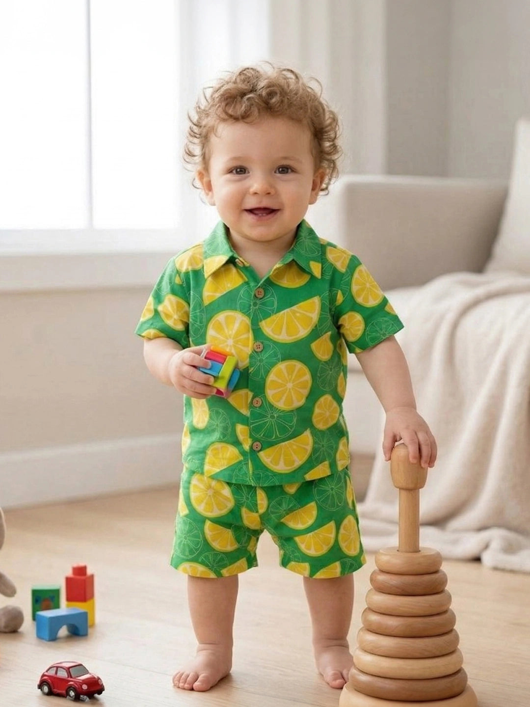 BownBee Summer Printed Dress & Shirt With Shorts Sibling Set