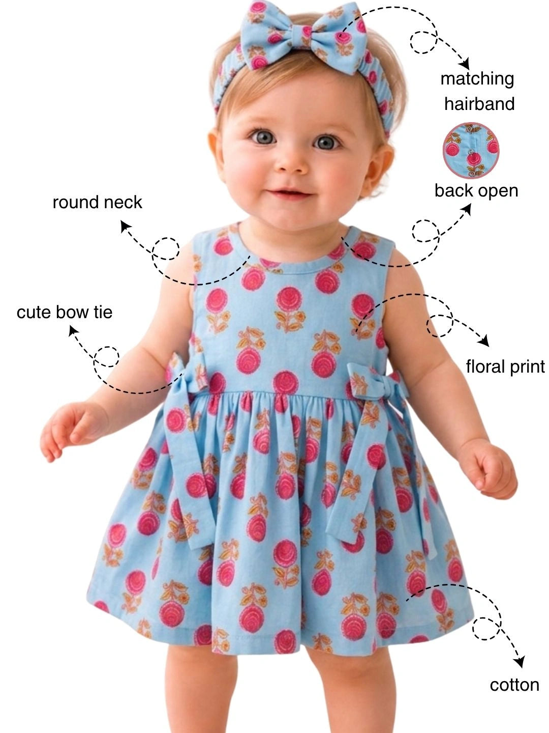 BownBee Pure Cotton Sleeveless Dress With Hairband For Infant Girls