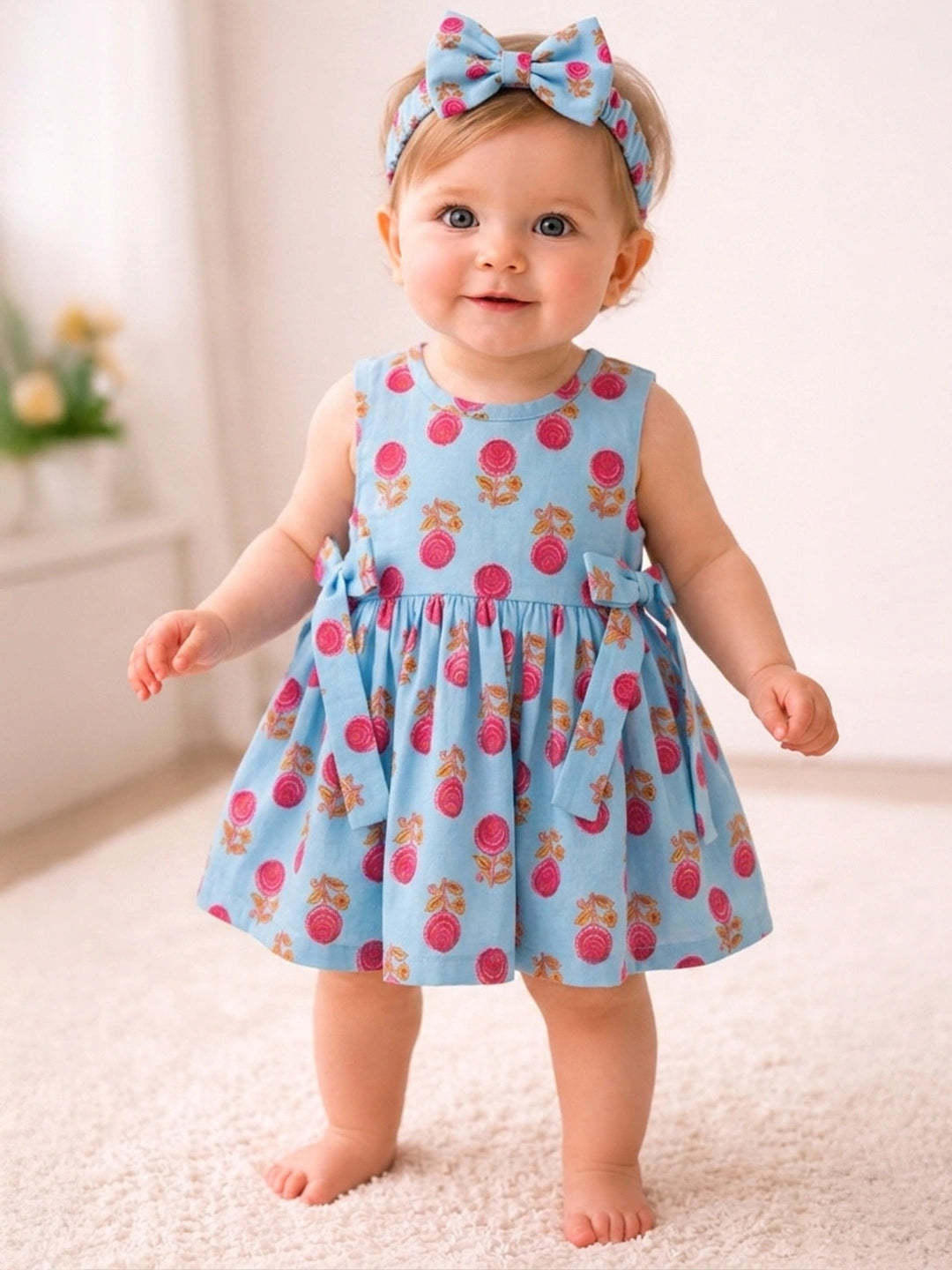 BownBee Pure Cotton Sleeveless Dress With Hairband For Infant Girls
