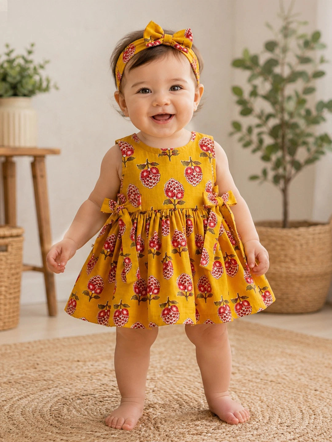 BownBee Pure Cotton Sleeveless Dress With Hairband For Infant Girls