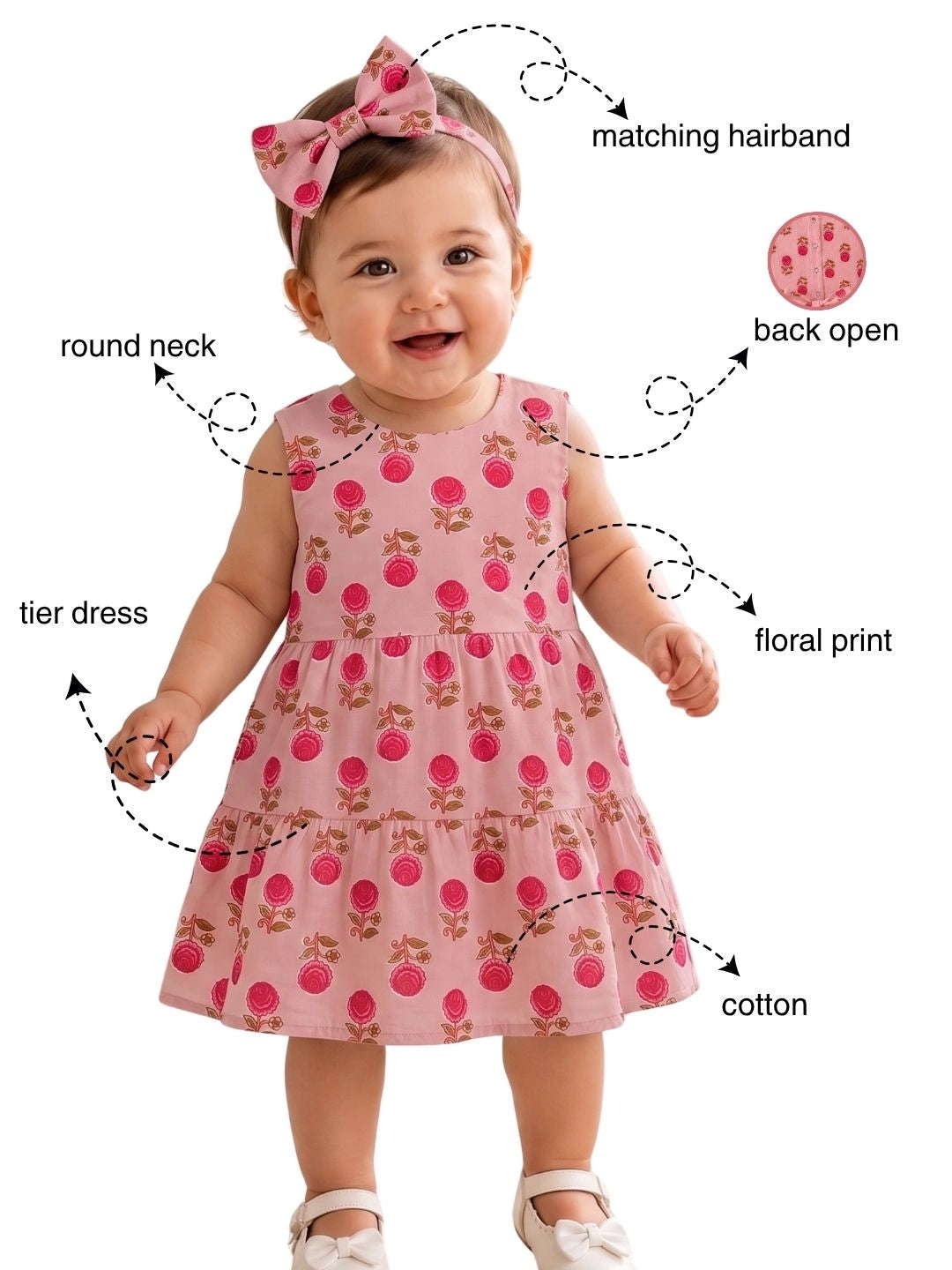 BownBee Pure Cotton Sleeveless Tier Dress With Hairband For Infant Girls