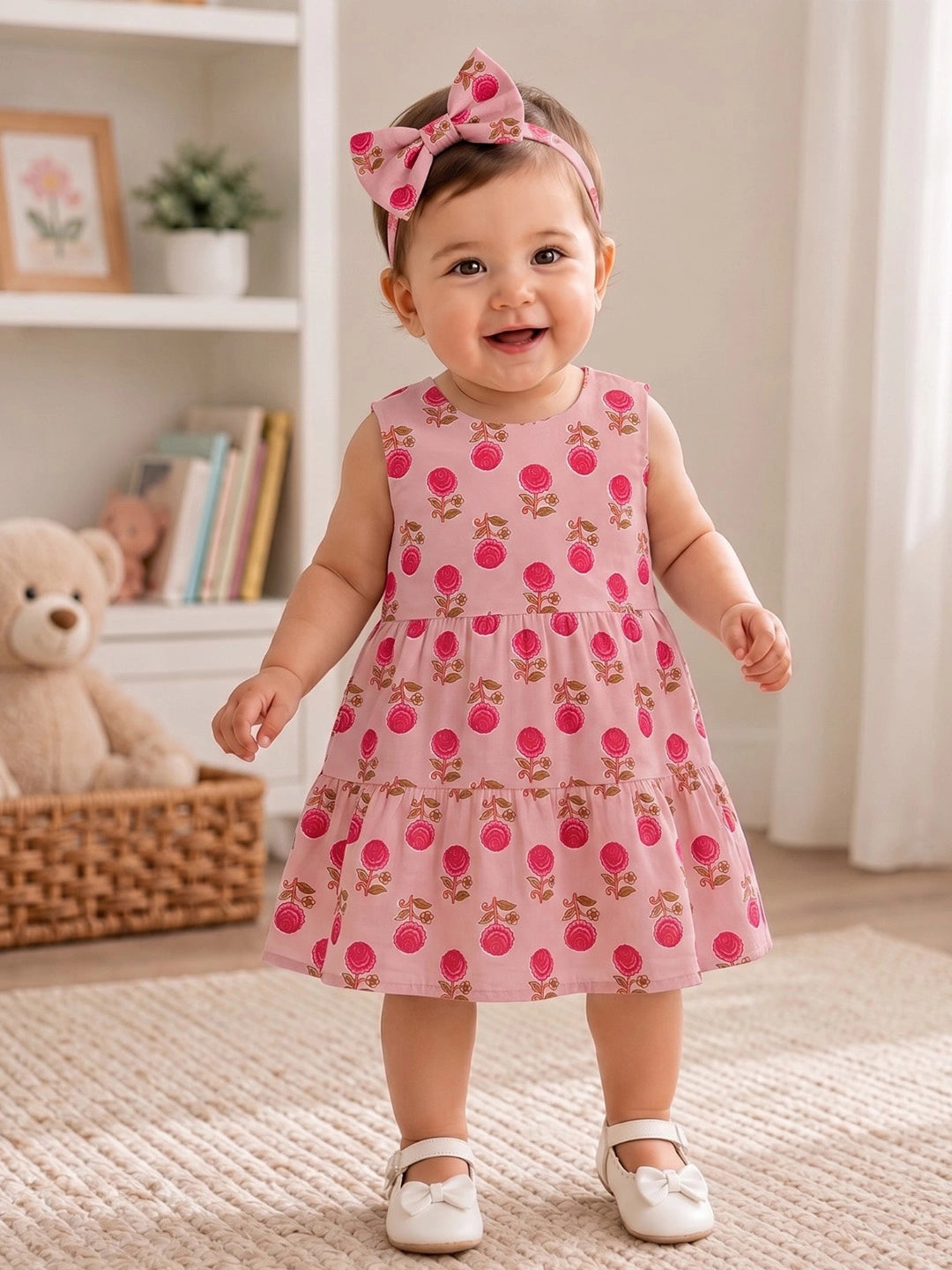BownBee Pure Cotton Sleeveless Tier Dress With Hairband For Infant Girls
