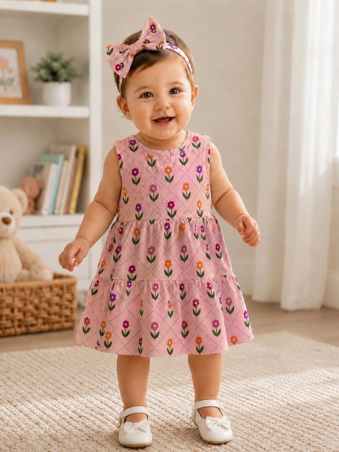 BownBee Pure Cotton Sleeveless Tier Dress With Hairband For Infant Girls