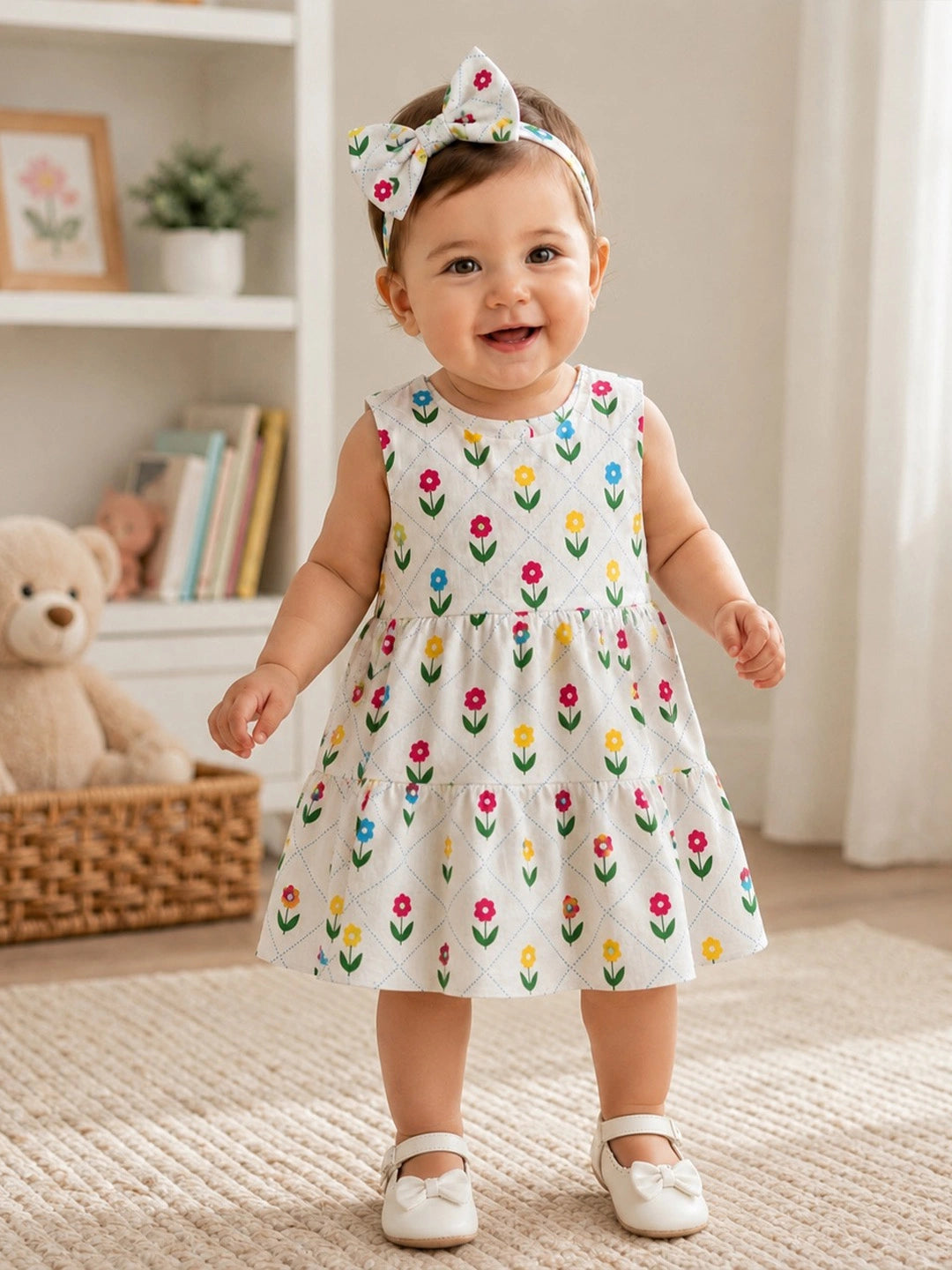 BownBee Pure Cotton Sleeveless Tier Dress With Hairband For Infant Girls
