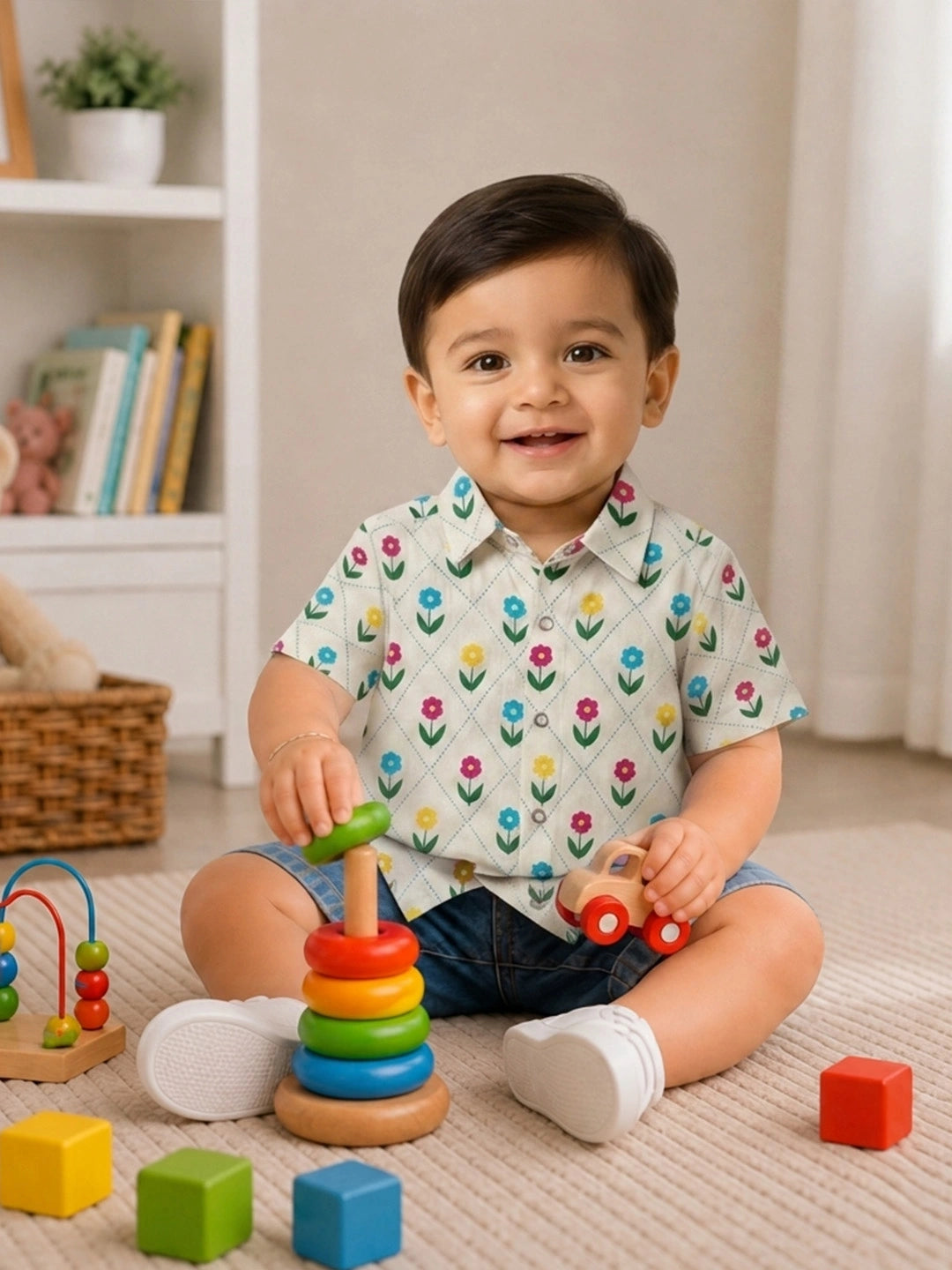 BownBee Summer Printed Dress & Half Sleeve Shirt Sibling Set