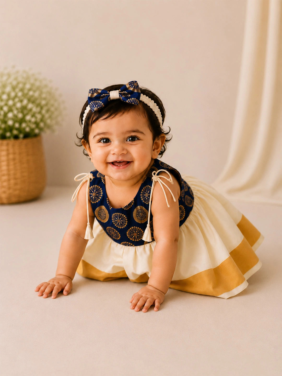 BownBee Sleeveless Shoulder Tie-Up Frock With Hairband For Infant Girls