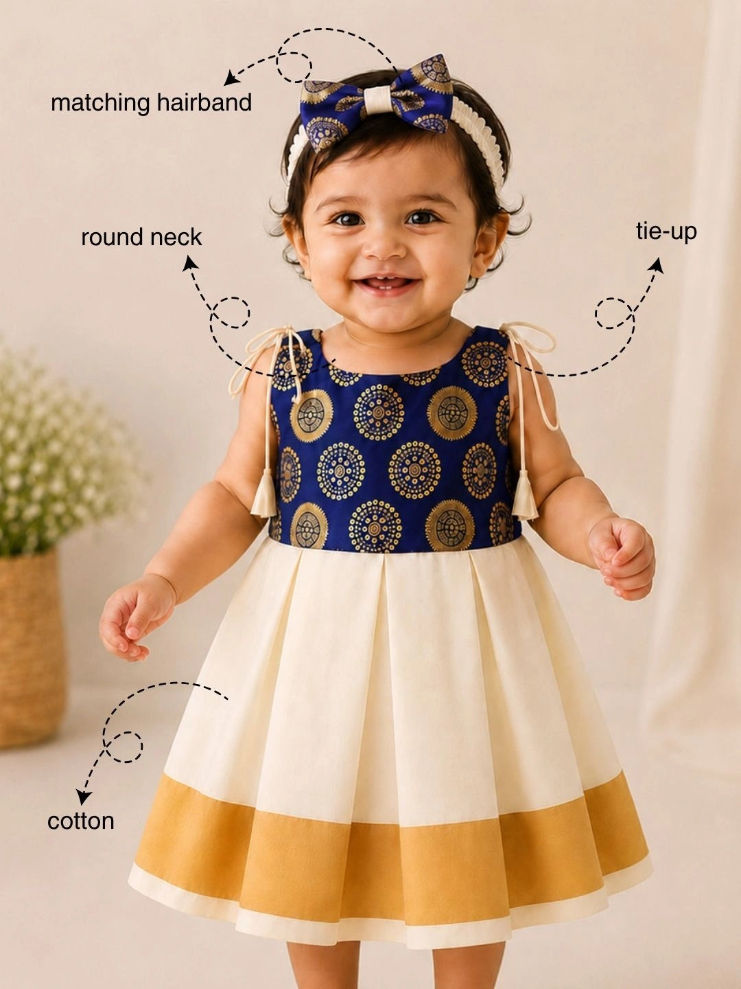BownBee Sleeveless Shoulder Tie-Up Frock With Hairband For Infant Girls