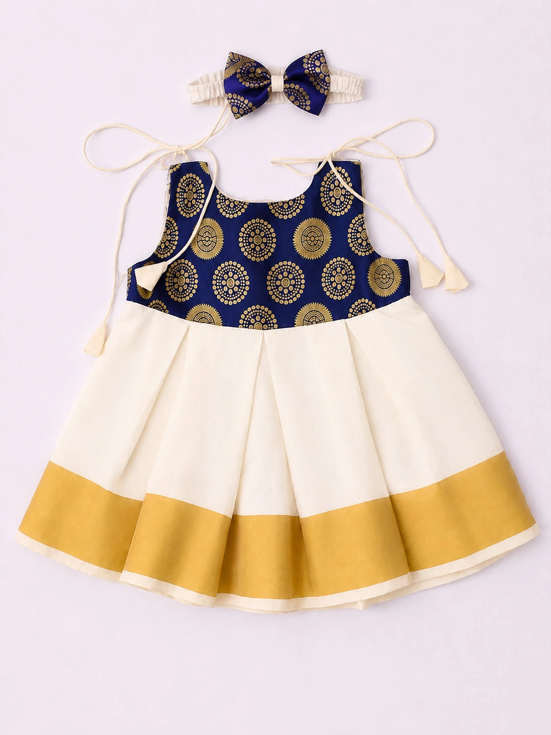 BownBee Sleeveless Shoulder Tie-Up Frock With Hairband For Infant Girls
