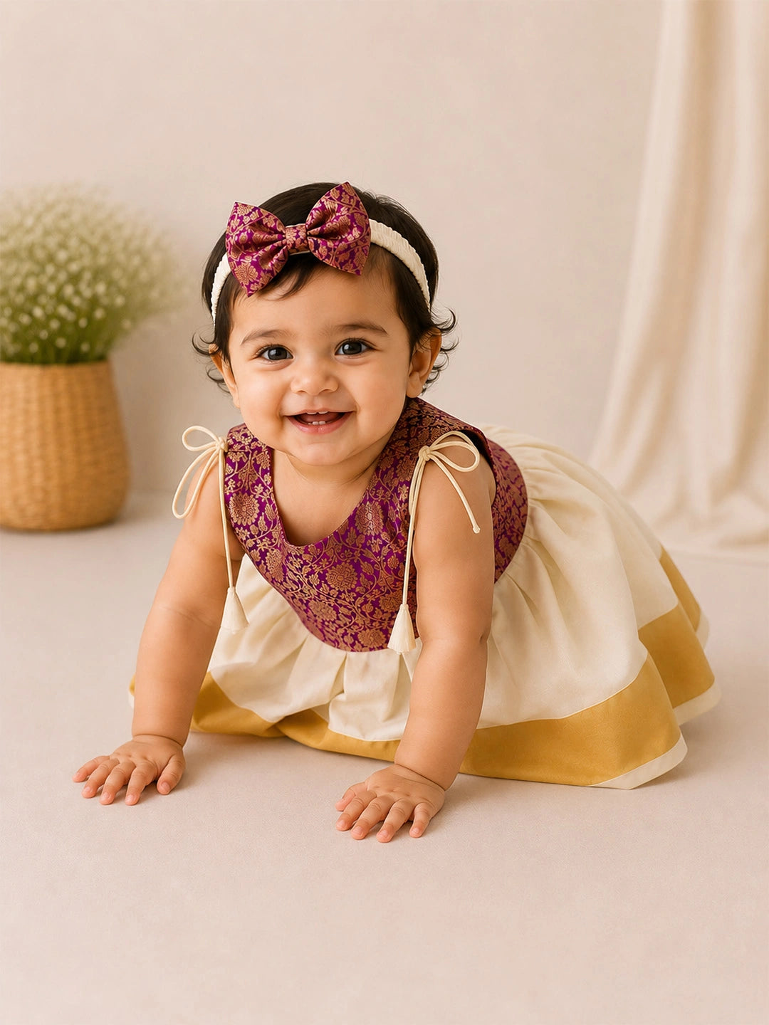 BownBee Sleeveless Shoulder Tie-Up Frock With Hairband For Infant Girls