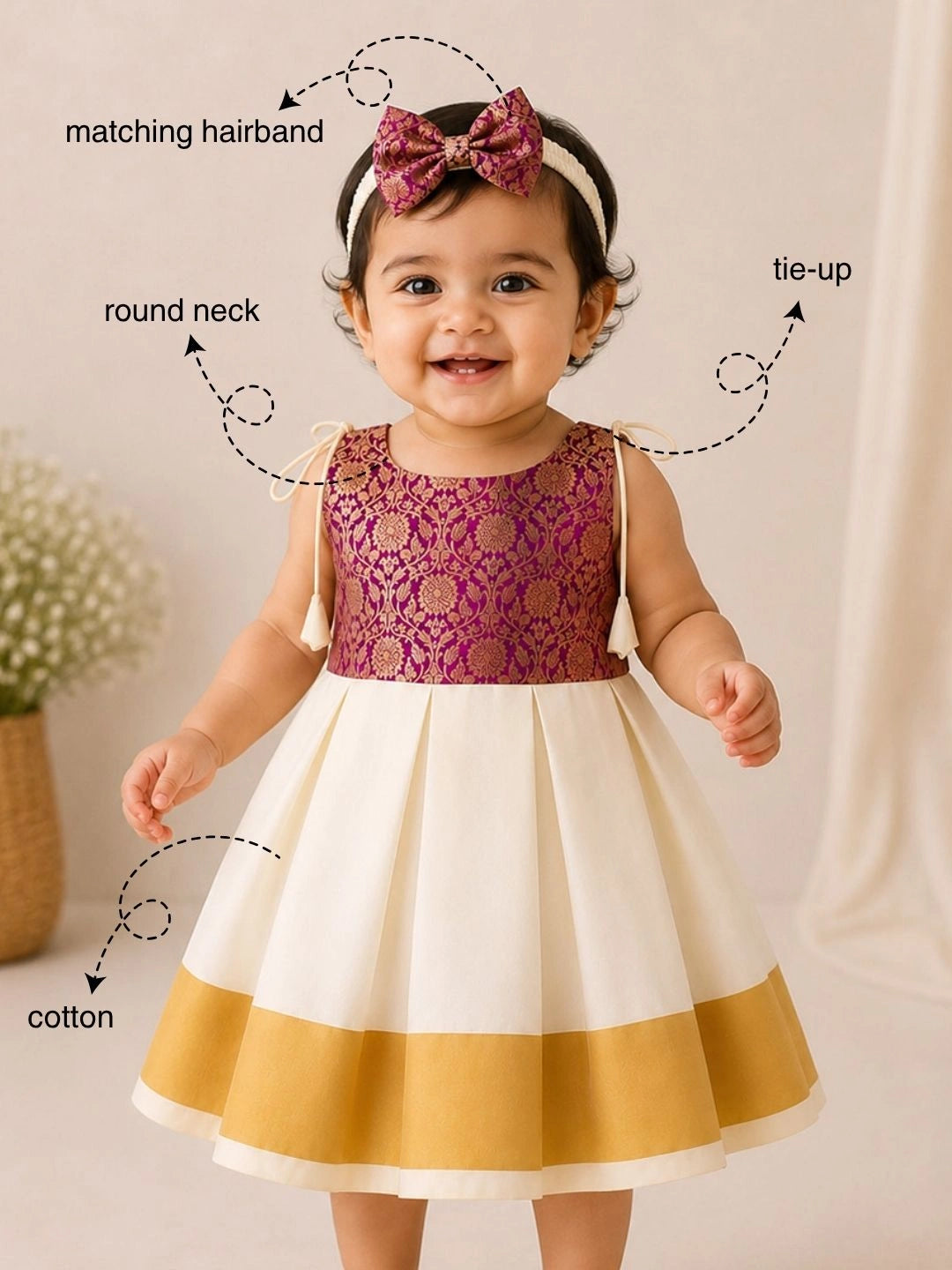 BownBee Sleeveless Shoulder Tie-Up Frock With Hairband For Infant Girls